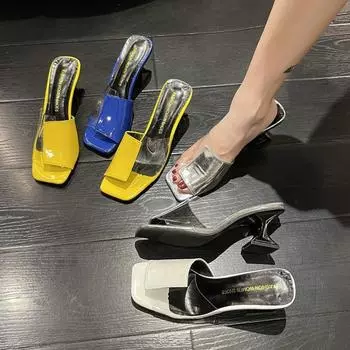 Летние ПВХ прозрачные женские тапочки странного стиля прозрачные на низком каблуке женские пляжные шлепанцы уличные сандалии обувь Pantuflas 34