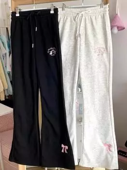 Летние японские брюки с вышивкой бантом женские винтажные широкие повседневные брюки Y2k эстетичные брюки на шнурке Harajuku длинные брюки S чёрный