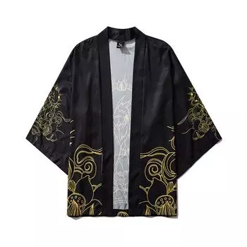 Летние японские кимоно с рукавами с пятью точками, мужские и женские плащи, куртка, блузка L чёрный