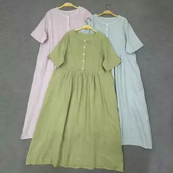 Летние японские плиссированные платья Johnature в стиле ретро, простые женские платья с короткими рукавами в стиле ретро One Size зелёный