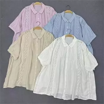 Летние японские плиссированные свободные кружевные рубашки на пуговицах с короткими рукавами, винтажные простые топы, мягкие One Size бежевый