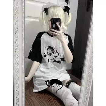 Летние японские свободные футболки контрастного цвета, повседневные укороченные топы с круглым вырезом, женские футболки с коротким рукавом Y2k, эстетические футболки с принтом Kawaii для девочек S белый