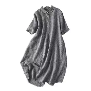 Летние японские свободные платья-рубашки из мягкого хлопка и льна, клетчатое клетчатое платье средней длины с воротником-поло и короткими рукавами для женщин M