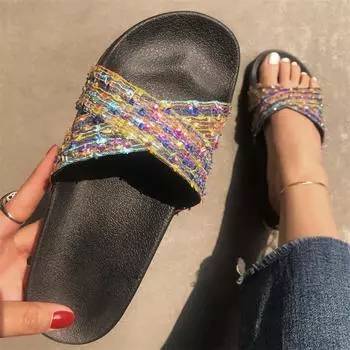 Летние радужные сандалии 2024 года и повседневные тапочки на плоской подошве, сандалии со стразами и бриллиантами 38 красный