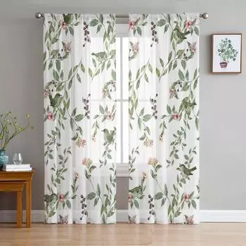 Летние растения, зеленые листья, акварельные птицы, прозрачные шторы для гостиной, украшения оконных штор, кухонных штор из тюля и вуали W135 x H115cm x1