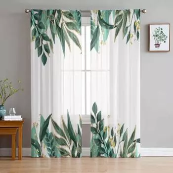 Летние растения зеленые листья прозрачные оконные шторы для гостиной спальни современная вуаль тюлевые шторы тканевые шторы для кухни 135W x 114H(cm)