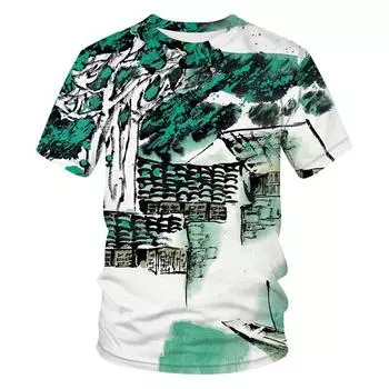 Летние ретро футболки с рисунком чернил и стирки, мужские повседневные модные футболки в китайском стиле с короткими рукавами и круглым вырезом с индивидуальным принтом, топы S