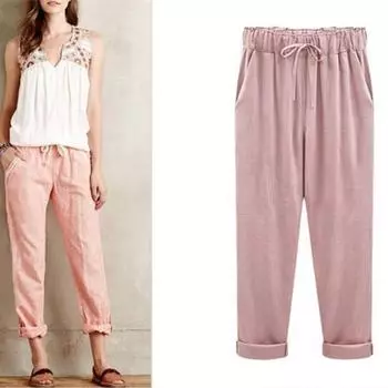 Летние ретро хлопковые льняные повседневные брюки женские большие размеры тонкие свободные девятиминутные брюки S чёрный