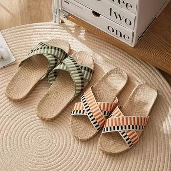 Летние ретро-модные плетеные льняные тапочки 35 красный