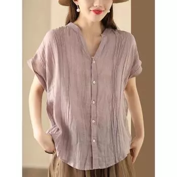 Летние ретро плиссированные блузки и рубашки женская рубашка с короткими рукавами кардиган с V-образным вырезом M светло-синий