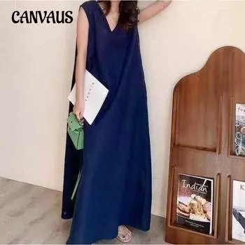 Летние ретро простые свободные большие размеры с v-образным вырезом до колена без рукавов жилет из хлопка и льна платья One Size чёрный