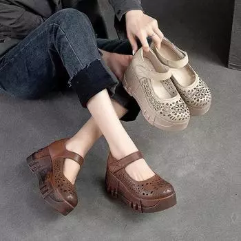 Летние ретро-сандалии на толстой подошве с круглым носком на платформе, женские кожаные винтажные удобные босоножки с открытыми клиньями 40 коричневый