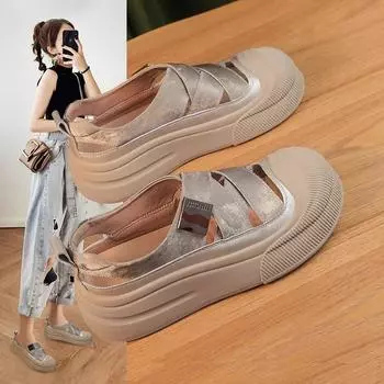 Летние ретро-сандалии с римским носком и полым носком для женщин 35 бежевый