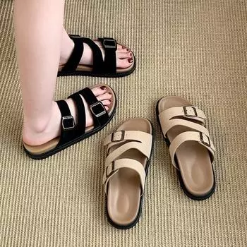 Летние ретро-тапочки Boken с плоской подошвой и квадратной пряжкой, регулируемые, толстая подошва, женские 35 чёрный