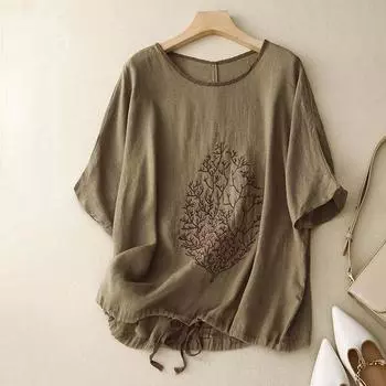 Летние ретро вышитые хлопковые льняные блузки на шнурке, цветной свободный топ с круглым вырезом для женщин M хаки