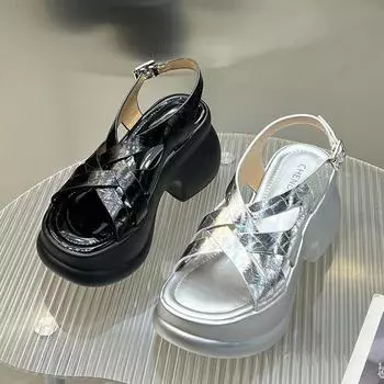 Летние римские сандалии на высоком каблуке с толстой подошвой для женщин 35 серебряный