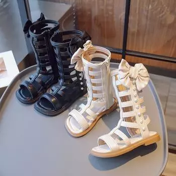 Летние римские сандалии с высоким берцем для маленьких девочек 2023 года: Модные туфли принцессы для детей среднего и большого размера 28 (approx. 17.4 CM)