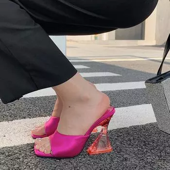Летние роскошные женские прозрачные шлепанцы из ПВХ на каблуках 8 см, хрустальные шлепанцы на высоком каблуке, зеленые, оранжевые, с открытым носком, шлепанцы 9 оранжевый