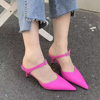 Летние роскошные женские розово-красные шлепанцы на высоком каблуке с закрытым носком, брендовые женские шлепанцы на шпильке, дизайнерская обувь для вечеринок 5