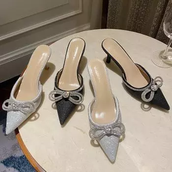 Летние роскошные женские шлепанцы на высоком каблуке 5 см, женские блестящие тапочки на шпильке с бантом и блестящими стразами, серебряная обувь для вечеринок на низком каблуке 38 чёрный