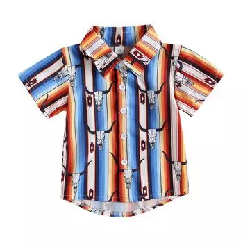 Летние рубашки для маленьких мальчиков, рубашки с короткими рукавами и пуговицами с графическим принтом крупного рогатого скота, кактуса, блузка, топы, детская одежда красный