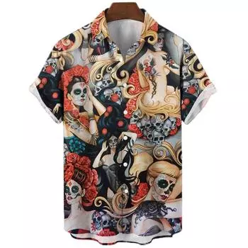 Летние рубашки для мужчин 3D Винтажный ужас Череп рокер принт готический рокабилли гавайская рубашка короткий рукав топ мужская одежда S
