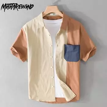 Летние рубашки для мужчин, молодежная уличная одежда, повседневные мужские топы, рубашка с коротким рукавом из чистого хлопка, корейская новая модная рубашка с вышивкой и карманом M хаки