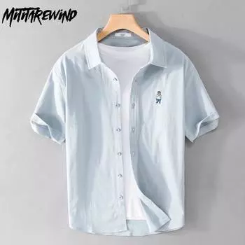 Летние рубашки для мужчин, молодежные повседневные мужские топы с отложным воротником и вышивкой в виде медведя, симпатичная рубашка в простом стиле из 100 хлопка с коротким рукавом M белый