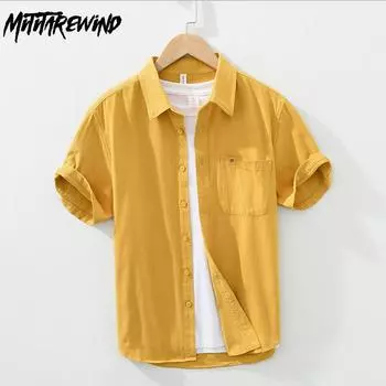 Летние рубашки для мужчин, повседневная, базовая рубашка с коротким рукавом, квадратный воротник, рубашка из чистого хлопка на пуговицах с карманом, простой стиль, универсальная рубашка M белый