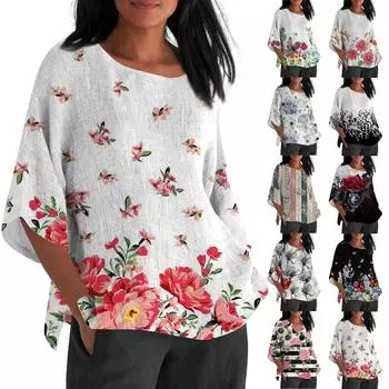 Летние рубашки для женщин, топы с V-образным вырезом и короткими рукавами, блузка на пуговицах с цветочным принтом, топ M синий