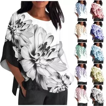 Летние рубашки для женщин, топы с V-образным вырезом и короткими рукавами, блузка на пуговицах с цветочным принтом, топ XXL синий