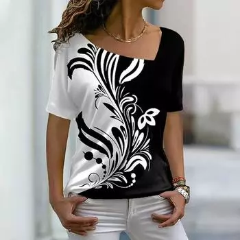 Летние рубашки для женщин, топы с V-образным вырезом и короткими рукавами, блузка на пуговицах с цветочным принтом, топ L чёрный
