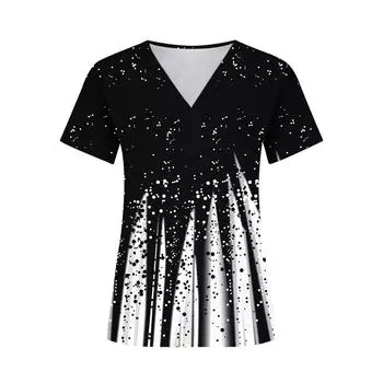 Летние рубашки для женщин, топы с V-образным вырезом и короткими рукавами, блузка на пуговицах с цветочным принтом, топ L чёрный