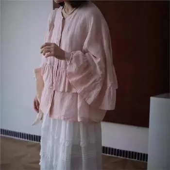 Летние рубашки Johnature с круглым вырезом и оборками, повседневные японские женские летние рубашки с грибком сбоку One Size зелёный