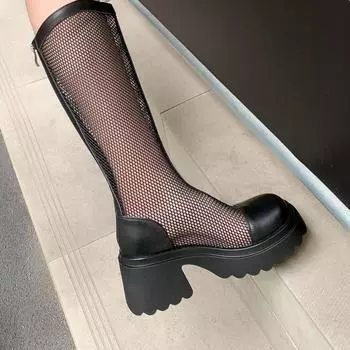 Летние рыцарские сапоги женские сапоги на очень высоком каблуке, увеличивающие рост, но колено полнота мм большая окружность трубы высокая труба сетка полая наружу классные сапоги 35 чёрный