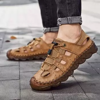 Летние сандалии Baotou, мужские полые дышащие повседневные сетчатые туфли, сшитые вручную, большие размеры, пляжные сандалии для мужчин 38 чёрный