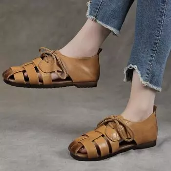Летние сандалии Baotou, туфли на плоской подошве со шнуровкой, плетеные женские туфли ручной работы в стиле ретро, повседневные туфли из мягкой кожи с мягкой подошвой 35