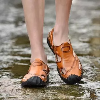 Летние сандалии больших размеров из натуральной кожи с носками, спортивные повседневные тапочки с дышащей платформой, нескользящие, для мужчин, пляжная обувь 38