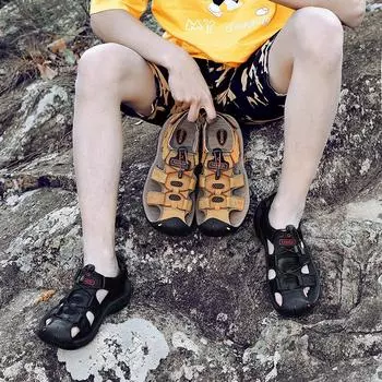 Летние сандалии больших размеров, популярные кожаные пляжные мужские сандалии с закрытым носком, модная трендовая уличная обувь 38 синий