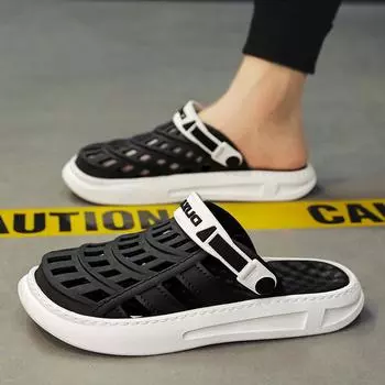 Летние сандалии больших размеров с закрытым носком и открытой платформой, нескользящие мужские туфли с отверстиями, пляжные тапочки двойного назначения 40 чёрный