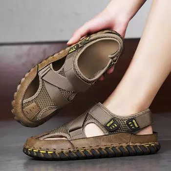 Летние сандалии большого размера, мужская верхняя одежда, сшитые вручную сандалии-мешки, модная ажурная дышащая сетчатая пляжная обувь для мужчин 38 чёрный