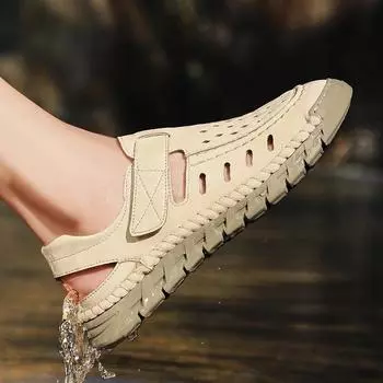 Летние сандалии Брендовые мужские дышащие пляжные туфли с выдолбленными краями Модные мужские сшитые вручную удобные повседневные туфли с мягкой подошвой 38 чёрный