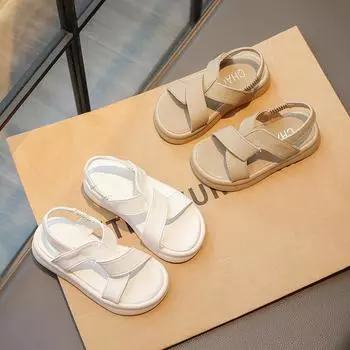 Летние сандалии для девочек, детская обувь для принцесс, повседневные спортивные сандалии для больших детей, простые, нескользящие, универсальные, нескользящие, новинка 2024 года 26 хаки