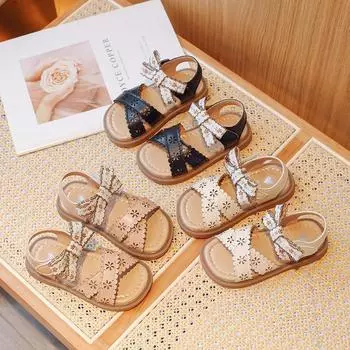 Летние сандалии для девочек, детские сандалии принцессы с бабочкой, детские пляжные туфли с крестиком, мягкая подошва 22 чёрный