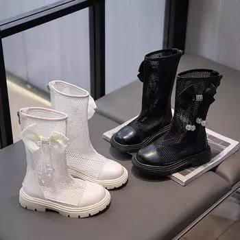 Летние сандалии для девочек, детские высокие сетчатые туфли с дышащими вырезами и подвеской в виде банта, милые детские гладиаторы для принцессы 27 чёрный