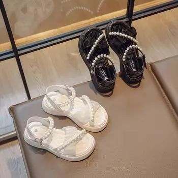 Летние сандалии для девочек, модная детская обувь принцессы с бисером, модная детская плиссированная пляжная обувь, нескользящая, однотонная, 2024 г., новинка 23 чёрный