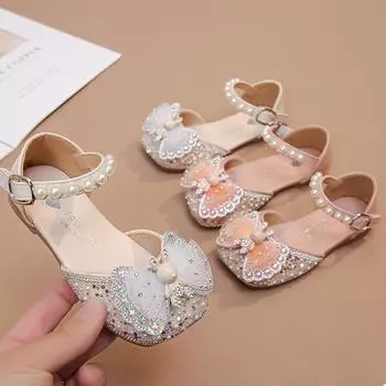 Летние сандалии для девочек, модные туфли принцессы с блестками и стразами и бантом для девочек, обувь для маленьких девочек, сандалии на плоской подошве 23 розовый