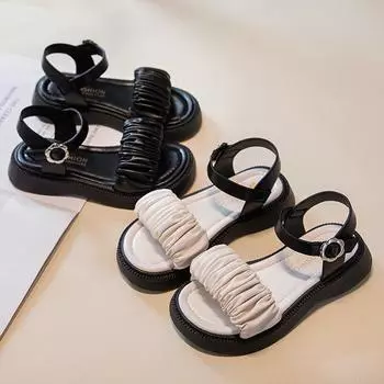 Летние сандалии для девочек, мягкая подошва, маленькие детские сандалии принцессы с цветами, модная детская плиссированная пляжная обувь, простые, 2024 г., новые 26 чёрный