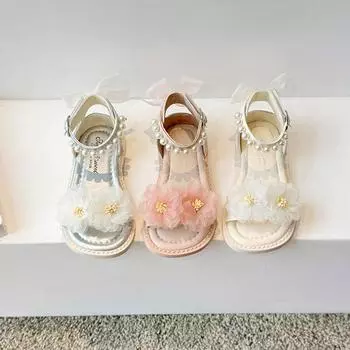 Летние сандалии для девочек с цветочным жемчугом, красивые милые детские ползунки трех цветов с открытым носком на липучке, отпускная детская обувь 23–34 лет 23 бежевый