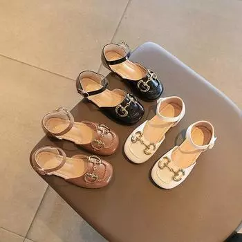 Летние сандалии для девочек с металлической цепочкой на носке из искусственной кожи, трехцветная обувь Мэри Джейн для девочек, элегантная летняя модная детская обувь 26–35 лет 26 бежевый